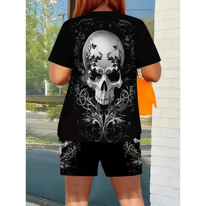 2025 Fashion Summer Women's Clothing Plus Size Ladies Loose and Comfortable 3D Skull Short Sleeve Round Neck T-Shirt Shorts Set