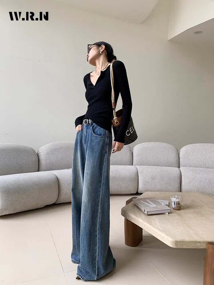 Spring Women's Casual Style Harajuku Jeans Vintage High Waist Oversized Blue Pants Y2K Wide Leg Punk Baggy Denim Trouser