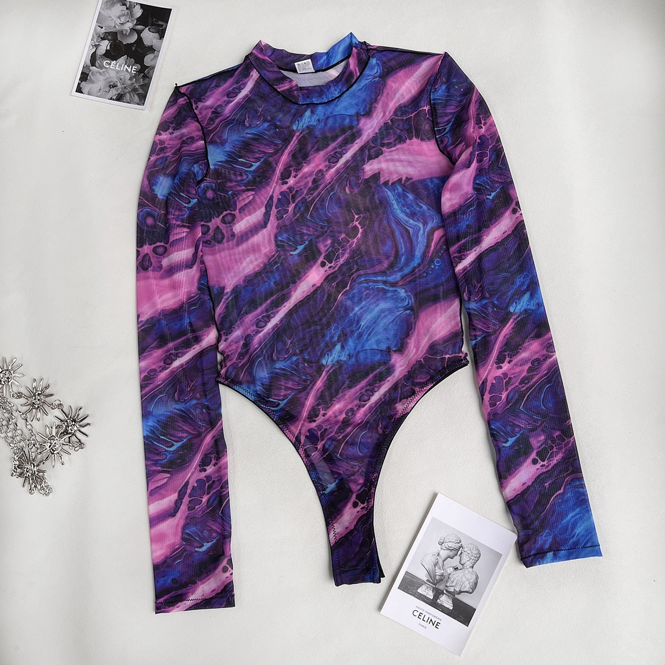 Body teint par nouage pour femme, Lingerie à manches longues, non censurée, ajustée, sans entrejambe, maille, hauts Sexy, tenue transparente
