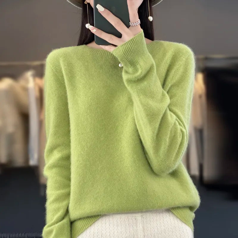 Women 100% Pure Merino Wool Knitted Sweater Autumn Winter Fashion O-Neck Top Cashmere Warm Pullover Seamless Jumper Clothes