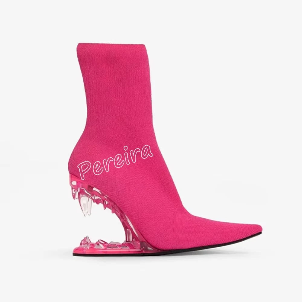 Black Tooth Shaped Heels Elastic Short Boots Pointed Toe Patent Leather Botas 2025 Solid Fashion Elegant Party Office Lady Shoes ROSE RED