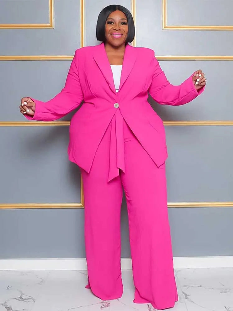 2 Piece Sets Women Outfit Winter Long Sleeve Sexy Pant Suits with Blazers Ladies Chic and Elegant Blazer Set Female Plus Size Fuchsia