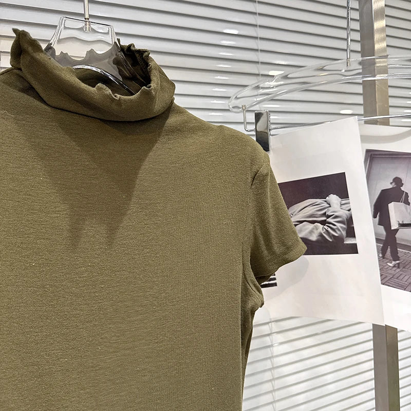 Winter New Fashion Solid Color Simple High Neck Shoulder Pad Short Sleeve T-shirt For Women Slim Fit Top 11A07774