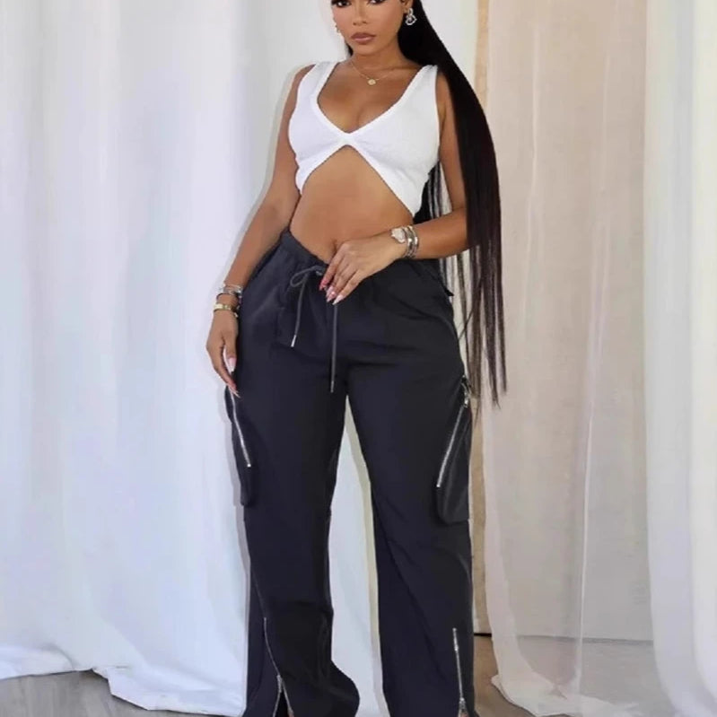 Women Fashion Zipper Pocket Side Zip Fly Split Hem Wide Leg Safari Style Pants 2025 Drawstring Summer Cargo Trousers