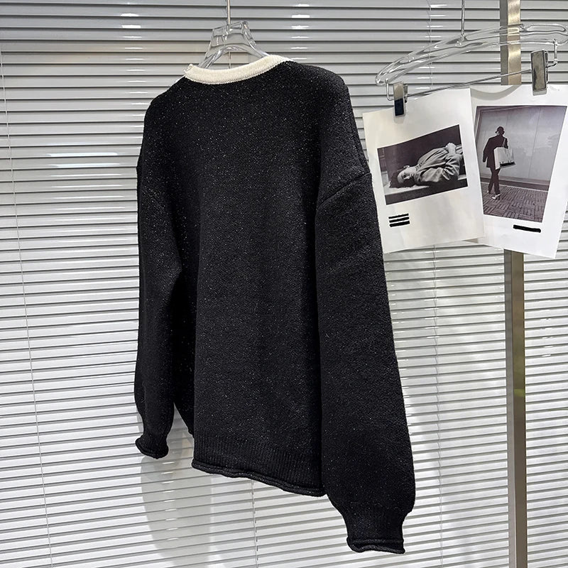 Winter New Fashion Bow Pin Contrast Color Loose Knitted Sweater For Women Single-breasted Cardigan Female 11A07833