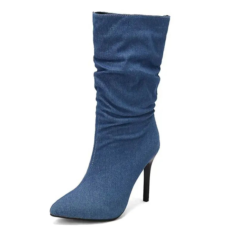 SIMLOVEYO Brand Women Mid Calf Boots Pointed Toe Stiletto 10CM Slip On Sexy Dating Female Booty 44 45 46 47 48 dark blue