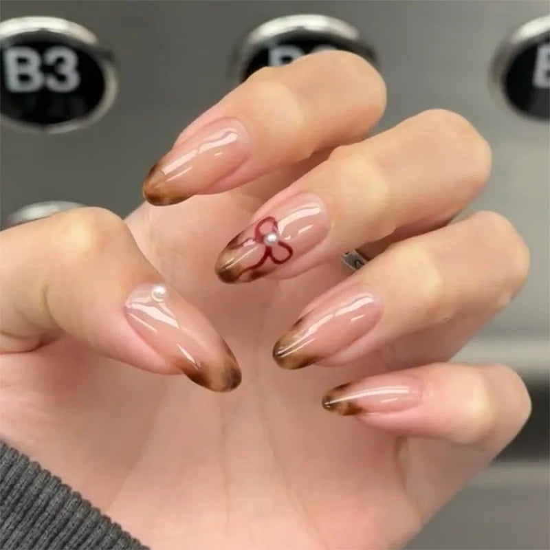 24Pcs Fashion Wine Red Press on Nails French Fake Nail Tips Short Almond Bow Design False Nails Set Wearable Full Cover Manicure 048