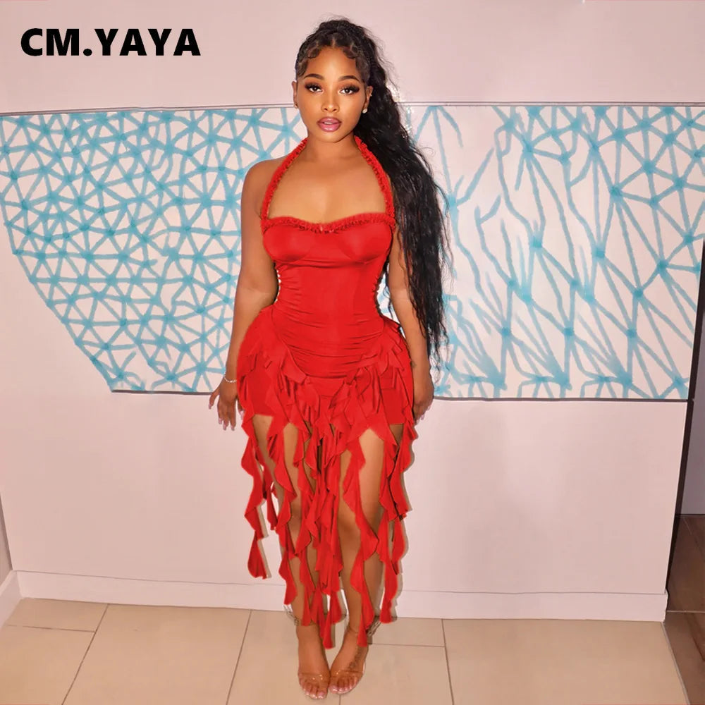 CM.YAYA Women Sleeveless Strapless Halter Long Dress Summer Streetwear Beach Tassel Evening Sexy Night Party Dresses Vestidos