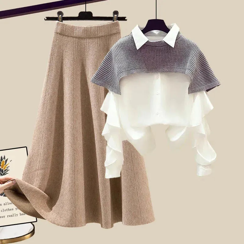 Spring and Autumn Suits Women's Fashion Waist Closing Slim Shawl Shirt Skirt Three Piece Set 3 Khaki Set