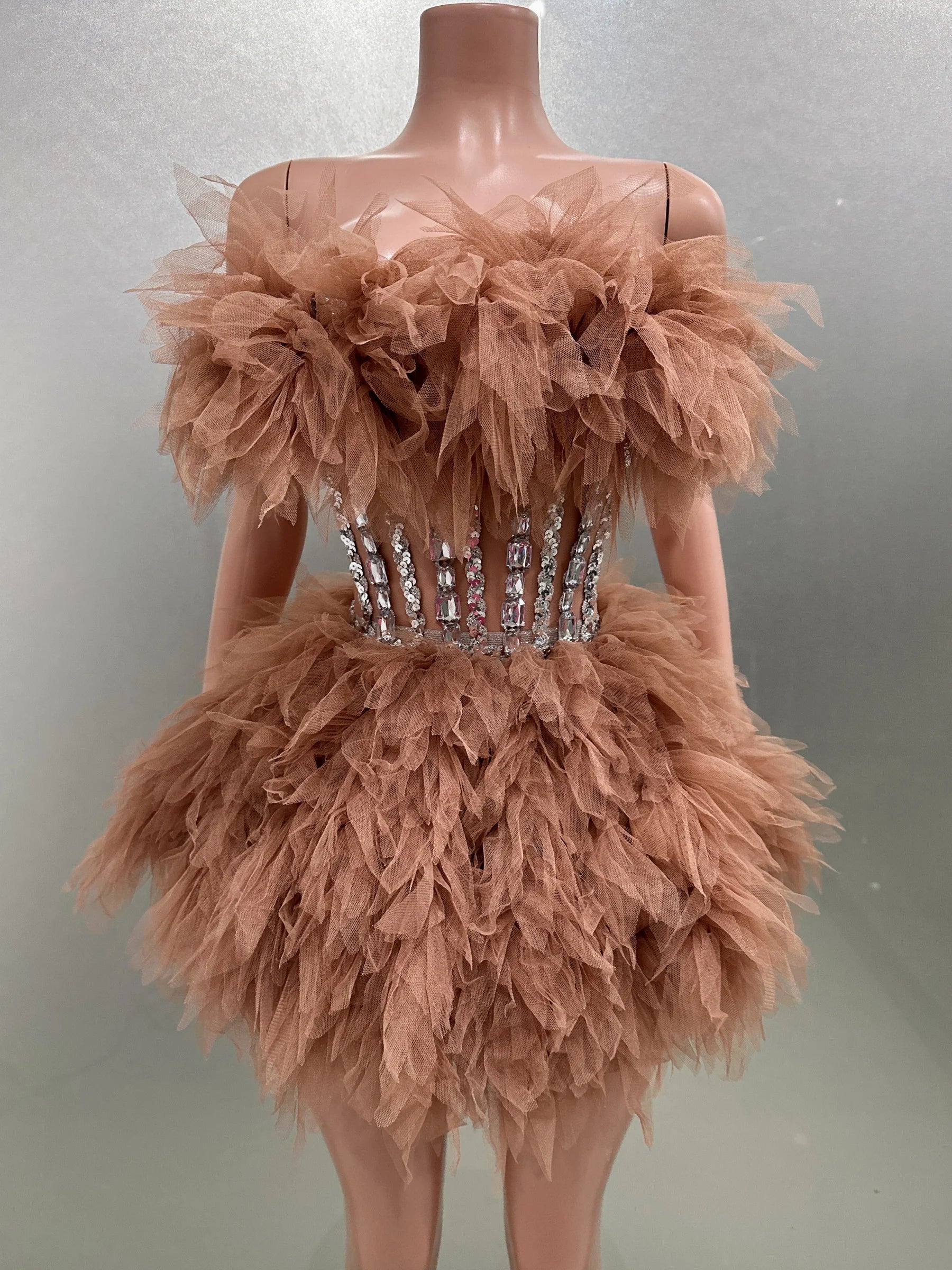 Hot Sale Women Sexy Mesh Ruffles Ball Gown Mini 2 Pieces Dress Lace-up Crystal Birthday Party Celebrate Nightclub Wear Brown