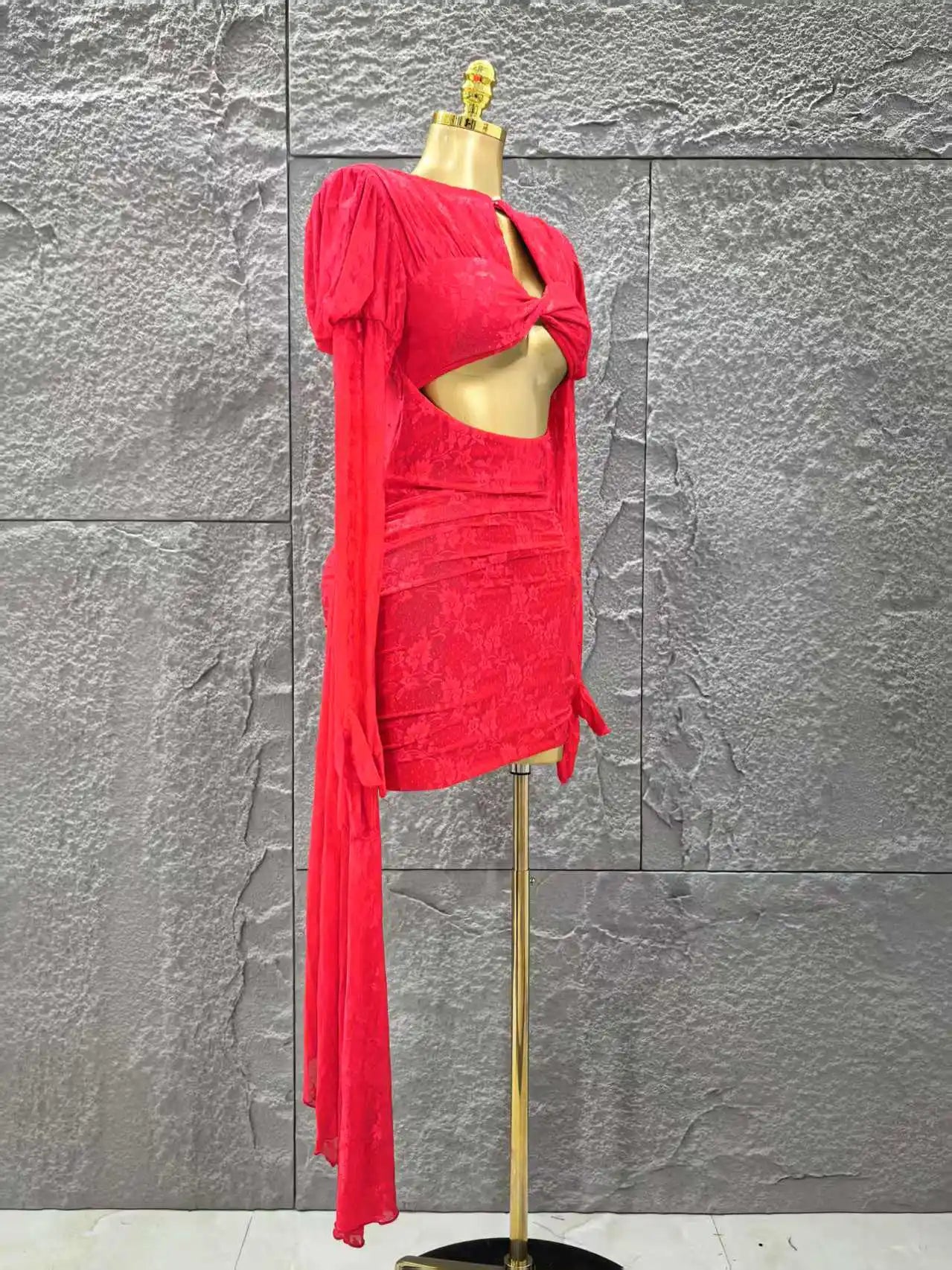 Red Color Christmas Style Women Long Sleeve Sexy Keyholes Bodycon Mini Dress Nightclub Party Celebrate Wedding Outfit