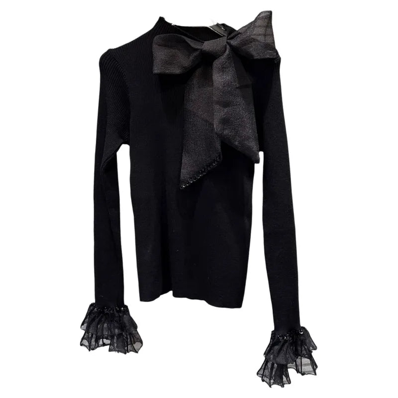 Winter New Fashion Rhinestone Bowknot Elastic Knitted Sweater For Women Slim Fit Versatile Pullover Female 11A07585