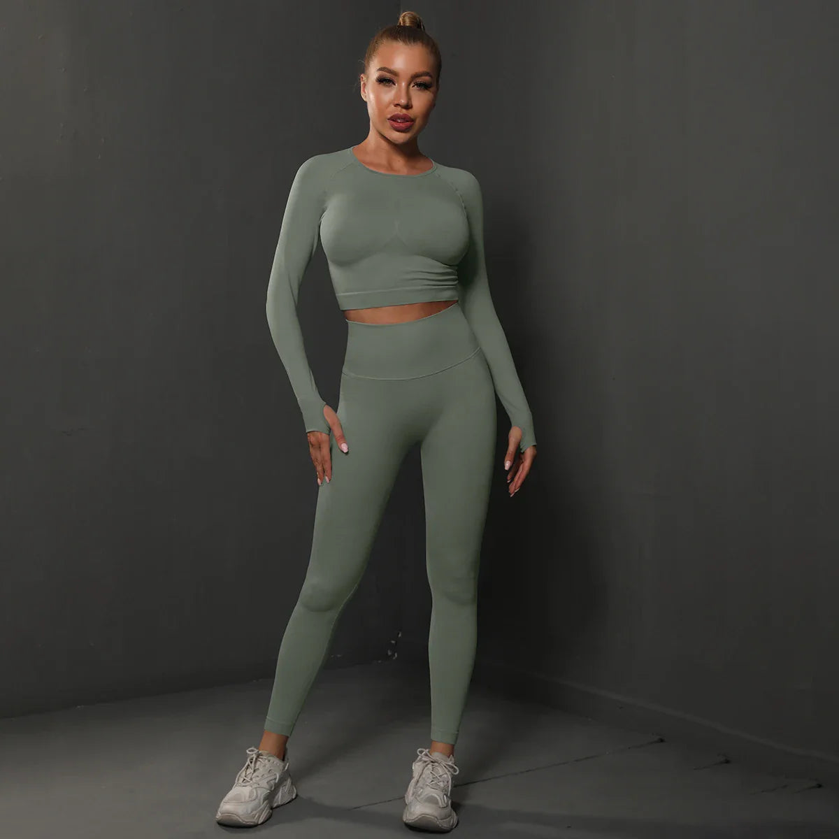 2Pcs Women Sets Energy Seamless Gym Suits Bubble Butt Sports Pants+Long Sleeve Shirts Push Up Running Sets Tracksuits Tights Set Grey