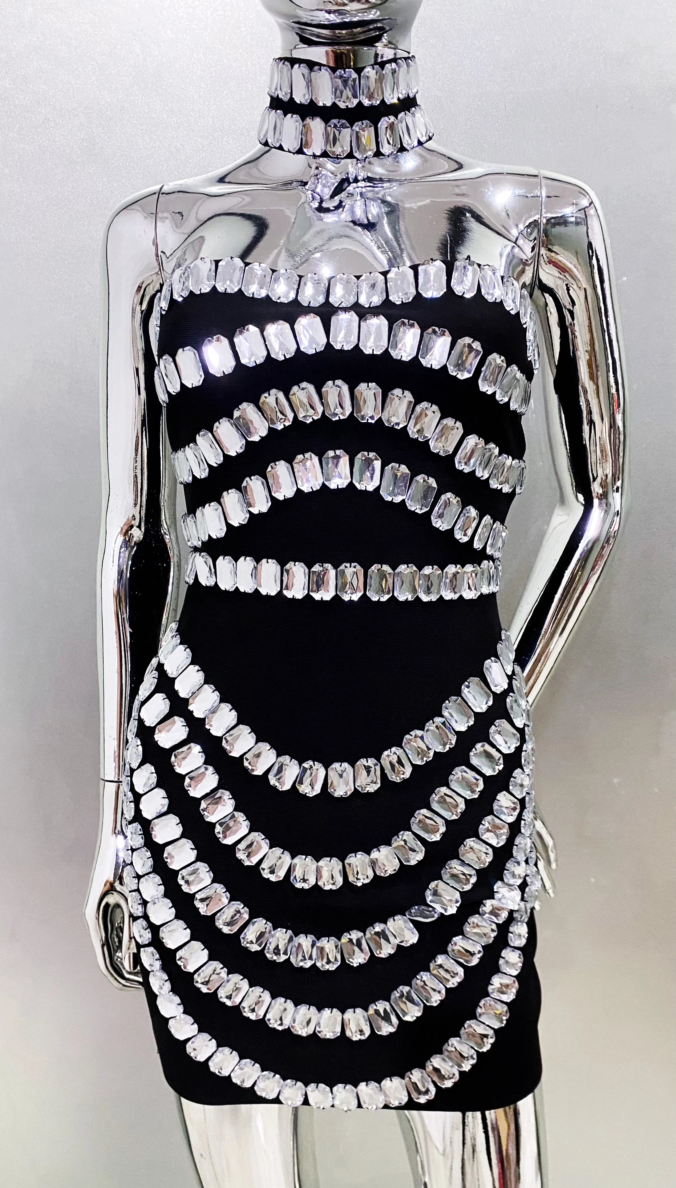 2025 Stylish Necklace Shining Diamonds Strapless Black Bandage Mini Dress Fashion Woman Party Vestido Celebrity Birthday Outfit