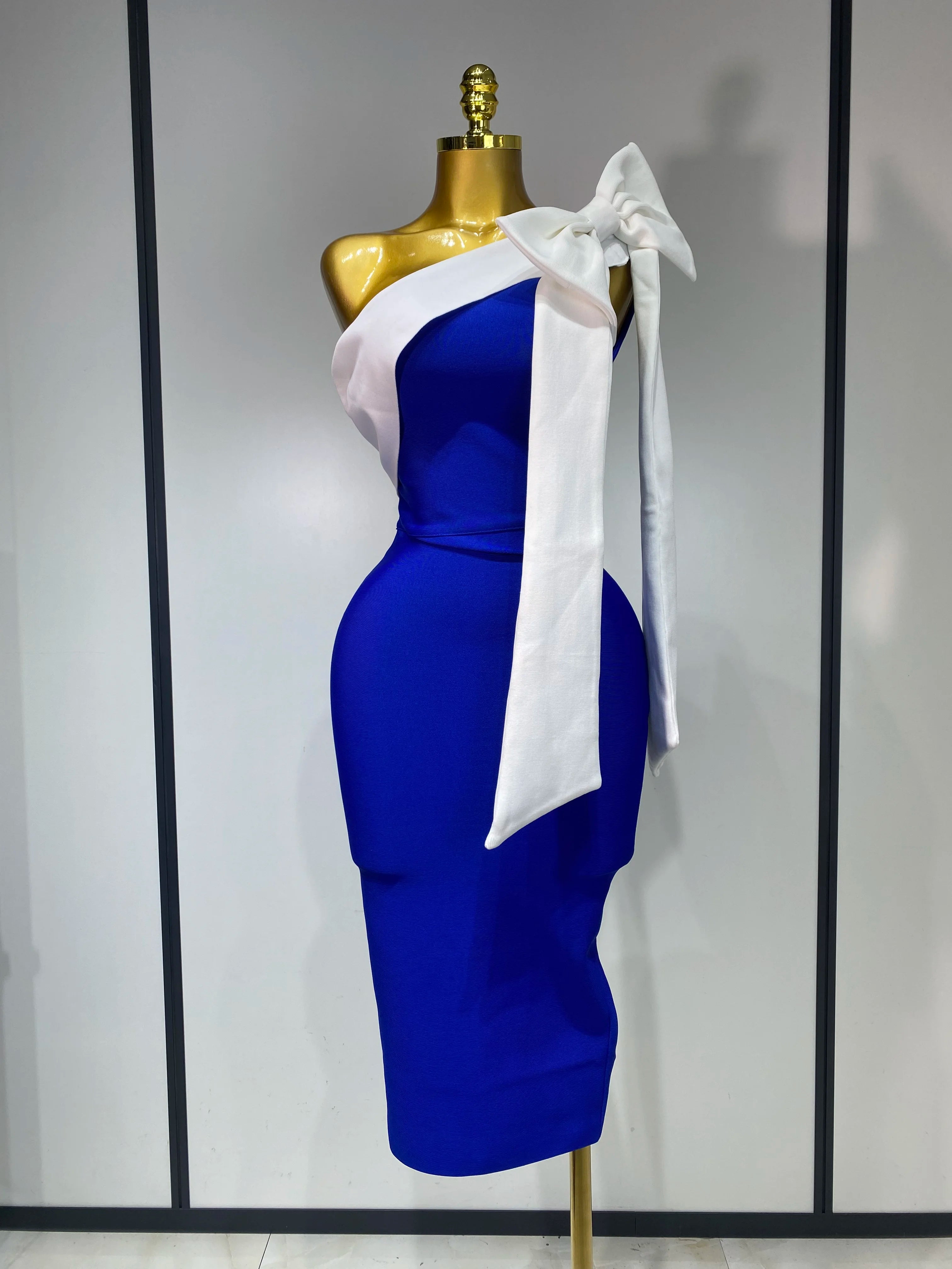 Women Sexy One Shoulder Splicing Bow Bodycon Bandaged Dress Celebrity Elegant Evening Party Luxury Birthday Banquet Dress Blue