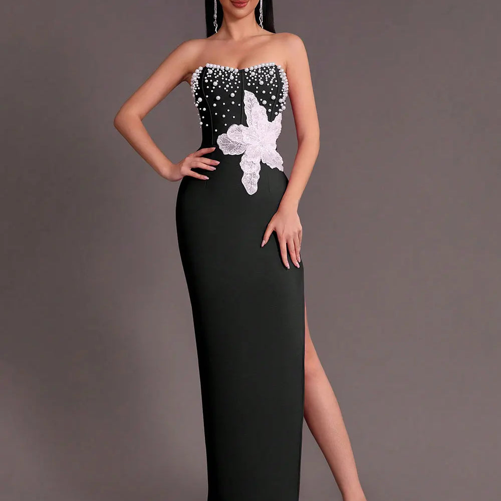 2025 Spring Sexy Women's 3D Flower Pearl Bandage Dress Strapless Sleeveless Bodycon Backless Long Dress Club Party Vestidos black