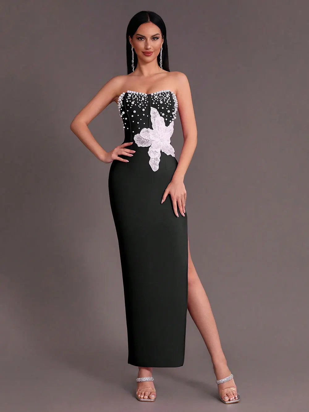 2025 Spring Sexy Women's 3D Flower Pearl Bandage Dress Strapless Sleeveless Bodycon Backless Long Dress Club Party Vestidos black