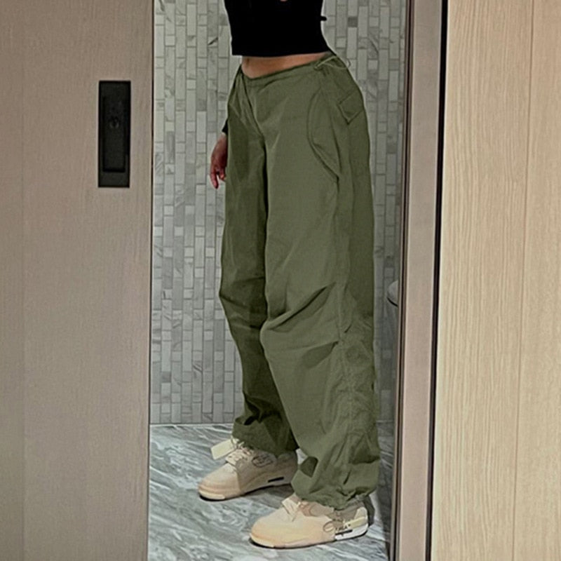 Pantalon de jogging décontracté pour femmes, Vintage, couleur unie, taille basse, Baggy avec cordon de serrage, jambes larges, survêtement, Streetwear, Cargo