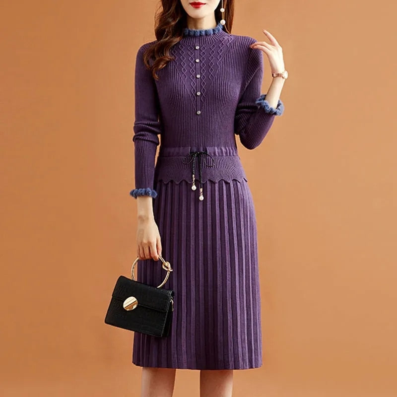 Two Pieces Pleated Knitted Dress Women Vintage Elegant Bottoming Sweater Dresses Slim Long Sleeve Fall Winter Midi Vestidos purple