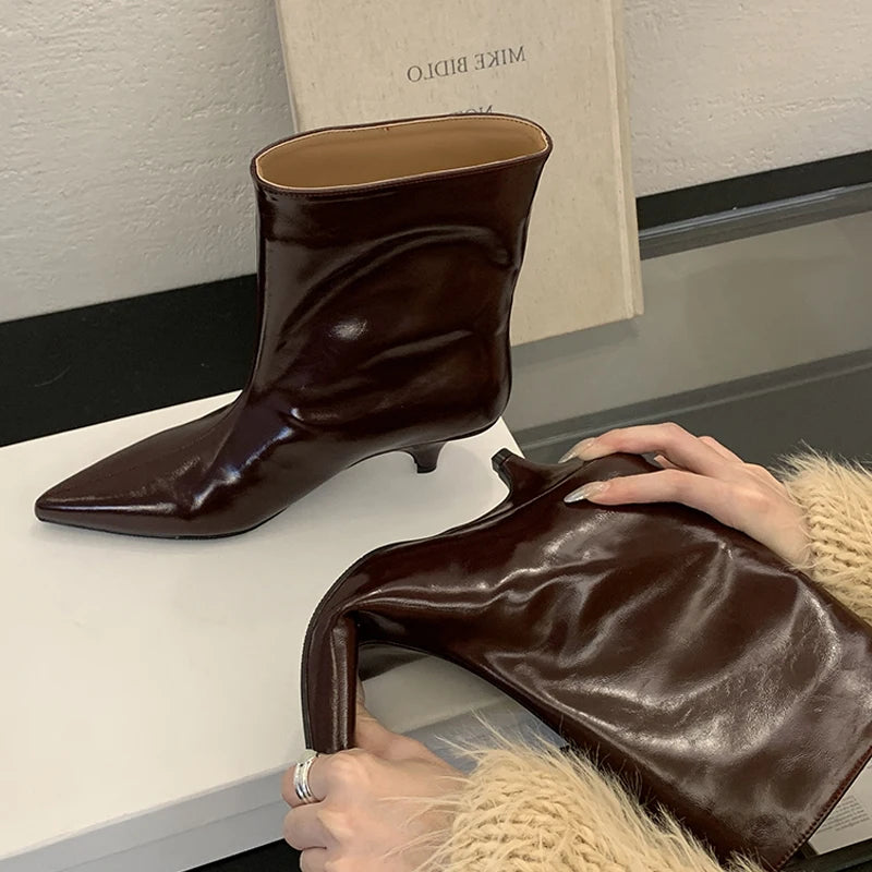 Eilyken 2025 Winter New Fashion Ankle Short Boots Women Pointed Toe Elegant Thin Low Heel Dress Ladies Pumps Shoes Red