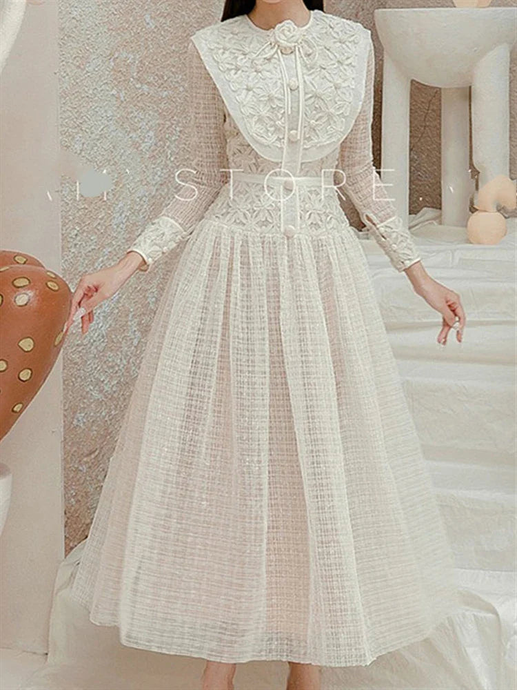 Autumn Spring Boho Elegant Party Luxury Dresses Women Dress Embroidery Lace Runway Vintage High Waist Long Sleeve Vestido