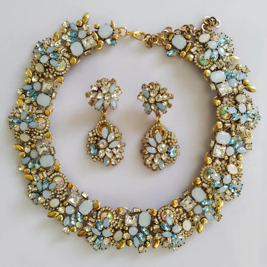 New Fashion Green Crystal Rhinestone Large Collar Big Big Choker Necklace Women Statement Indian Necklace Wedding Jewelry Blue