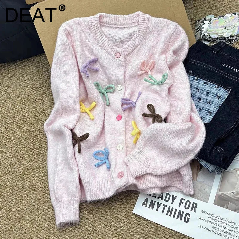 Autumn Winter New Sweet Bowknot Knitted Cardigan For Women Versatile Single-breasted Sweater Coat Trendy 11A07914