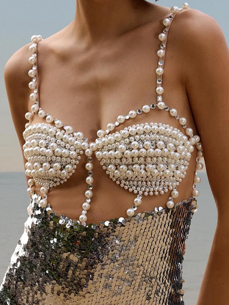 Chic Sequin Pearl Detailed Cut-Out & Straps Dress for Trendy Parties Evening Gown