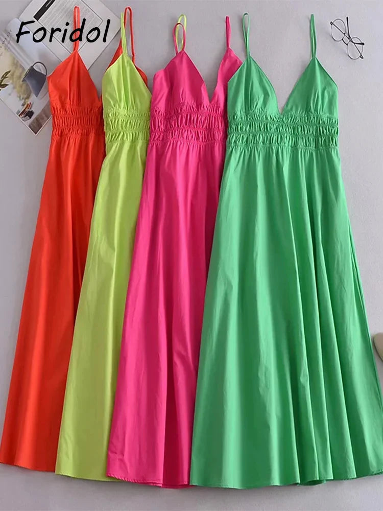 Foridol Elastic Smocking Green Cotton V Neck Summer Women's Dress Sleevless Long Green Maxi Casual Strapy Dress Solid Female
