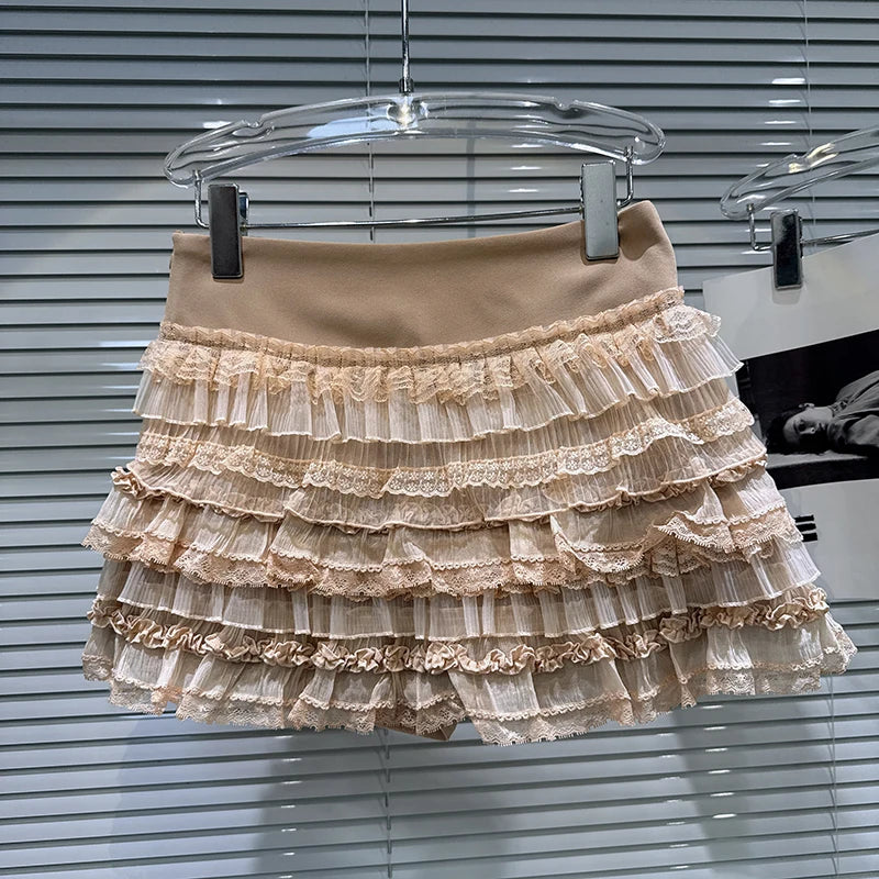 Winter New Sweet Temperament Mesh Ruched Patchwork Cake Skirt For Women High Waist Short Skirts Female Trend 11A07610 Khaki
