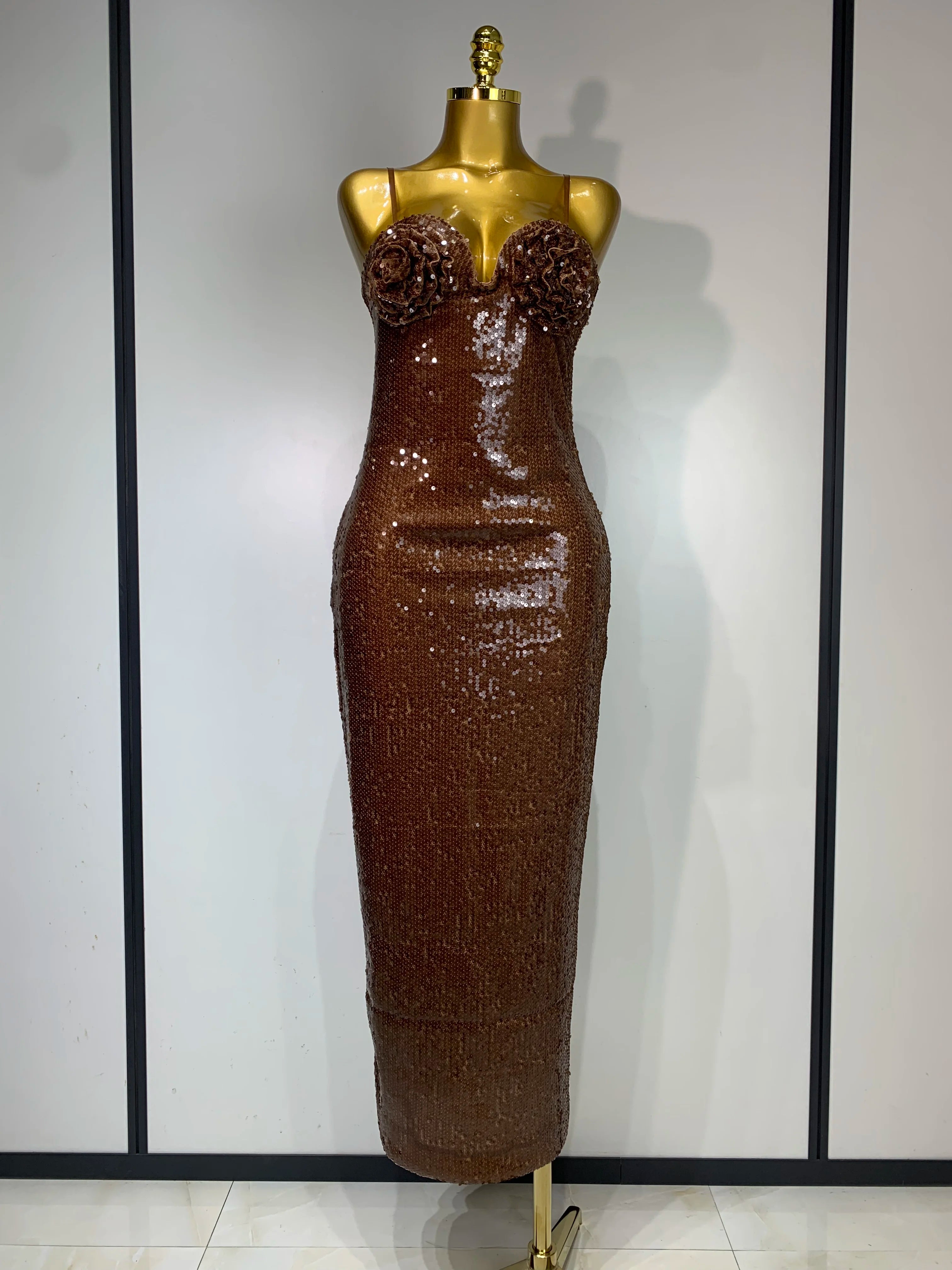 Women Luxury Sexy Sleeveless Backless Mesh Sequins Flower Brown Bodycon Maxi Dress Club Elegant Celebrity Evening Party Dress Dark Brown