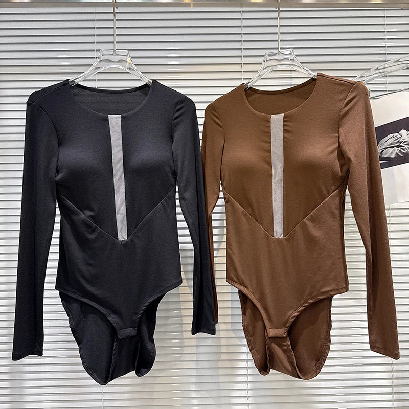 Winter New Fashion Contrast Color Chest Pad Base Shirt Slim Fit Jumpsuit For Women T-Shirt Female 11A07662