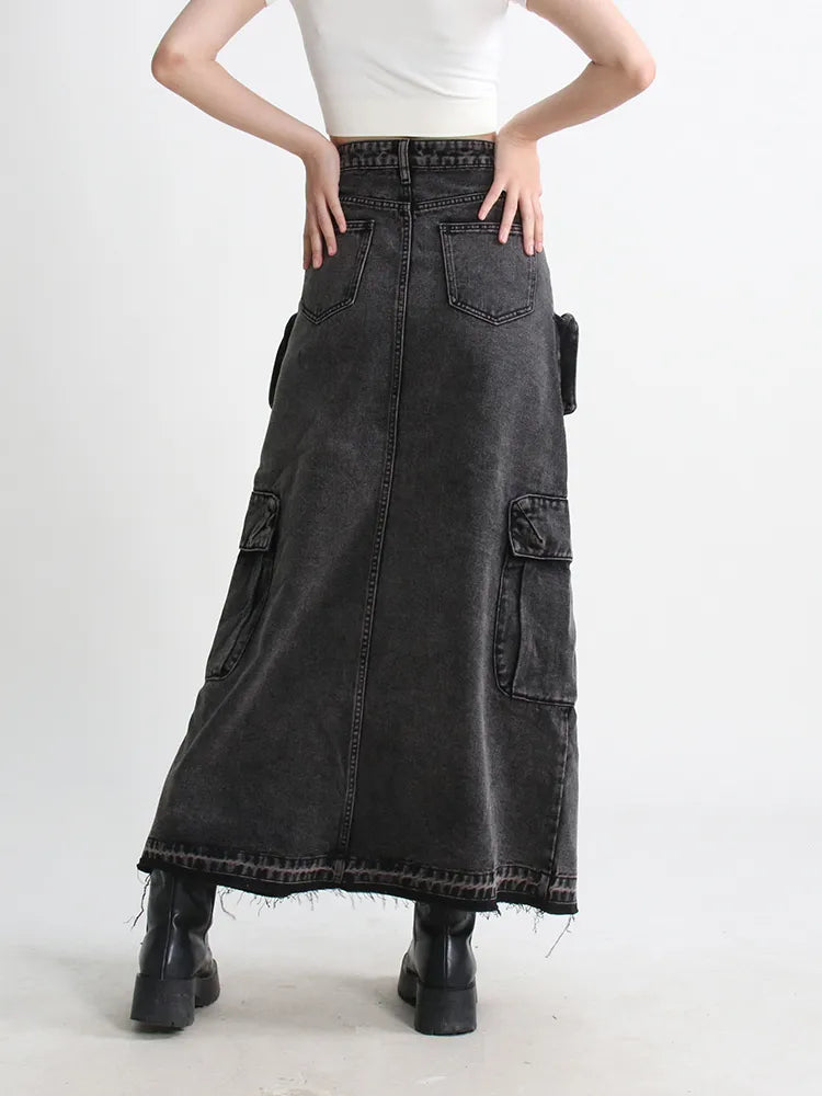 Split Denim Skirts For Women High Waist Patchwork Pocket Temperament Solid Skirt Female Autumn Fashion Style New
