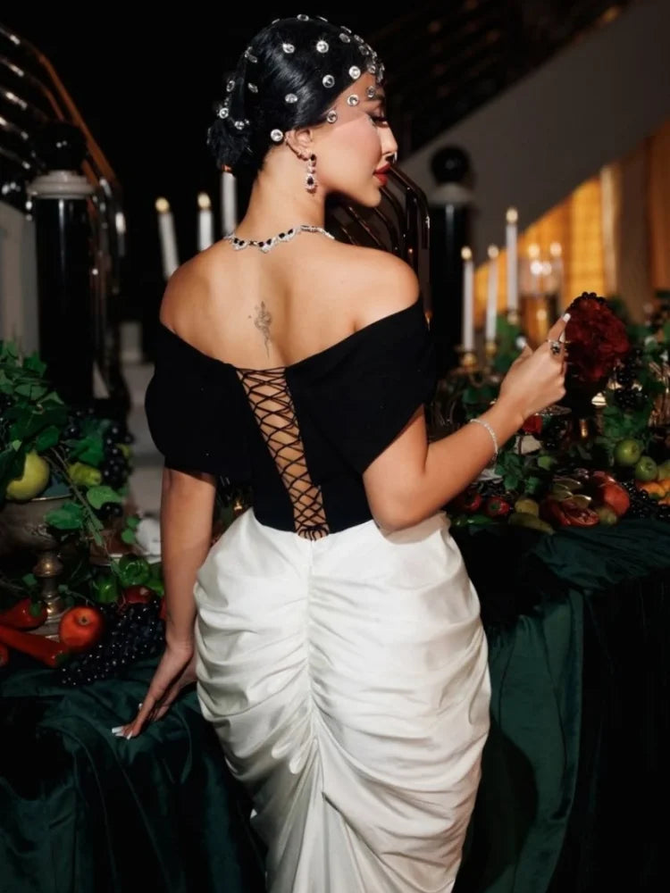 2025 Women Sexy Off the Shoulder Laced-up Bodycon Long Maxi Dress Evening Party Celebrate Cocktail Outfit