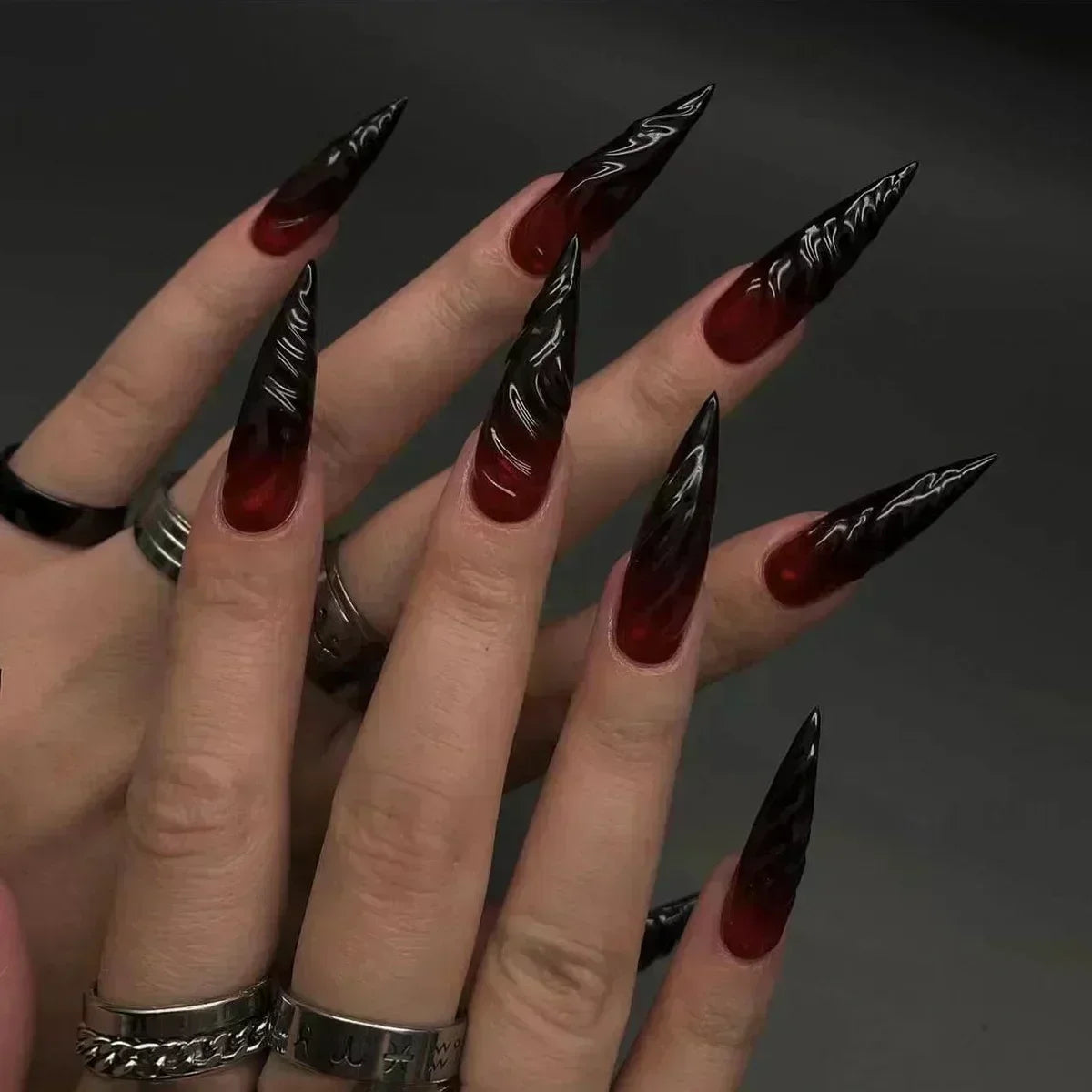 24Pc False Nails with Glue Almond Black Red Gradient Design Detachable Rhinestone Acrylic Fake Nail Long Stiletto Press on Nails 27