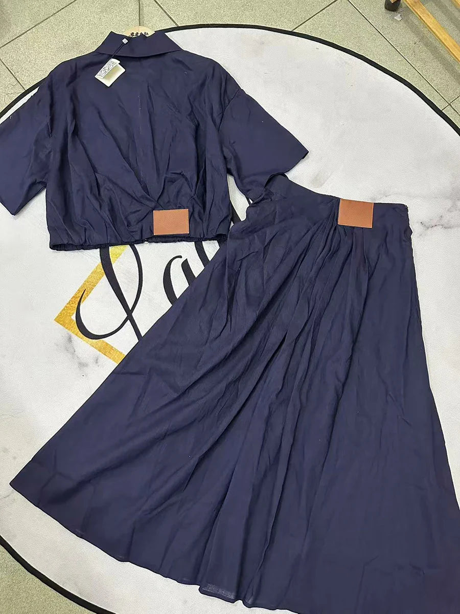 Solid Causal Two Piece Sets for Women Lapel Short Sleeves Spliced Zipper Top High Waist Skirt Set Female Fashion NAVYBLUE