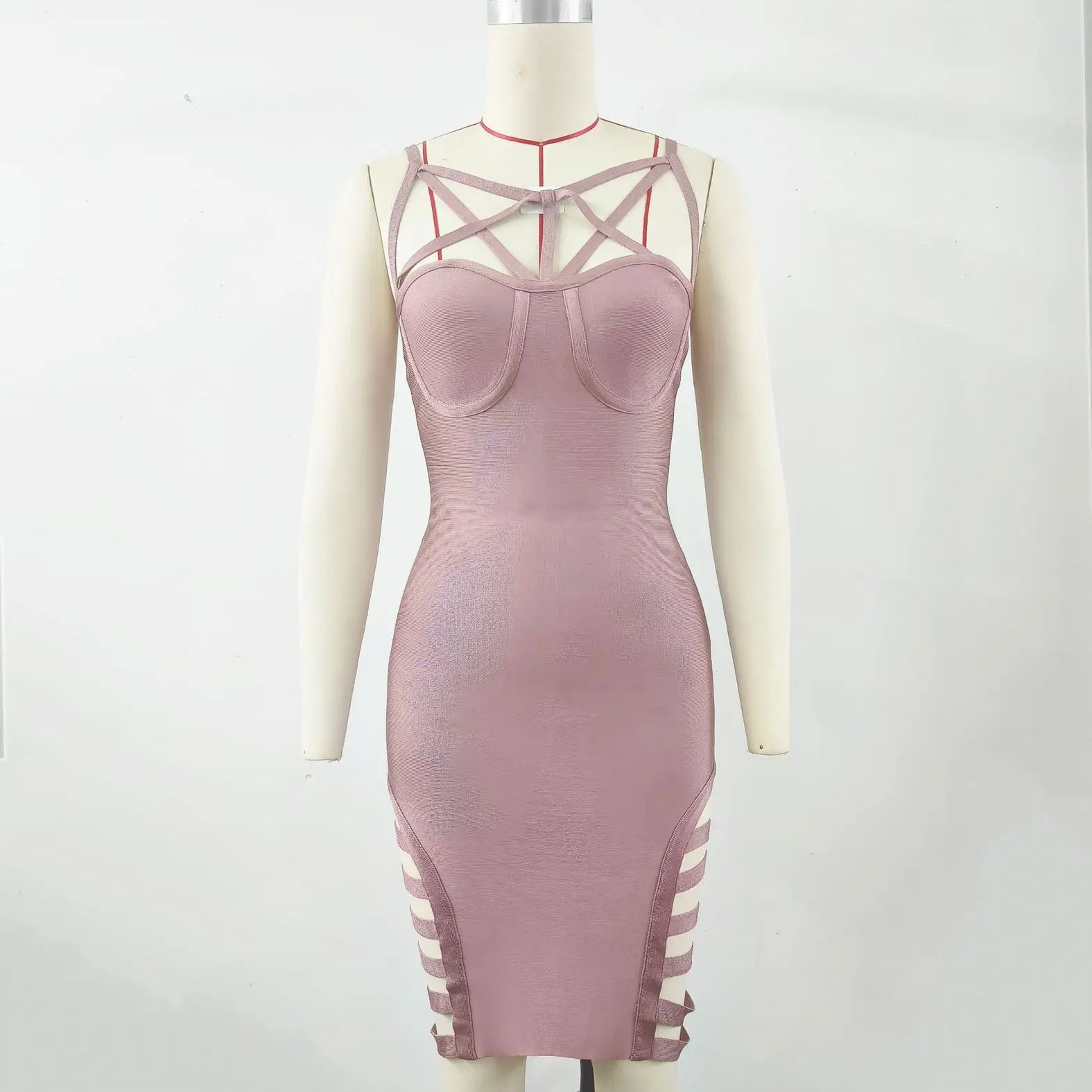 Black Pink Women Sleeveless Sexy V-Neck Bodycon Mini Bandage Dress Hollow Out Celebrate Night Club Party Cocktail Outfit Pink