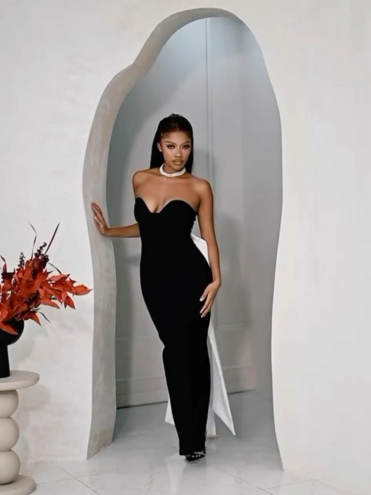 Glamorous Black Mermaid Strapless V-Neck Dress Gown with Bow Detail for Galas Wedding Party