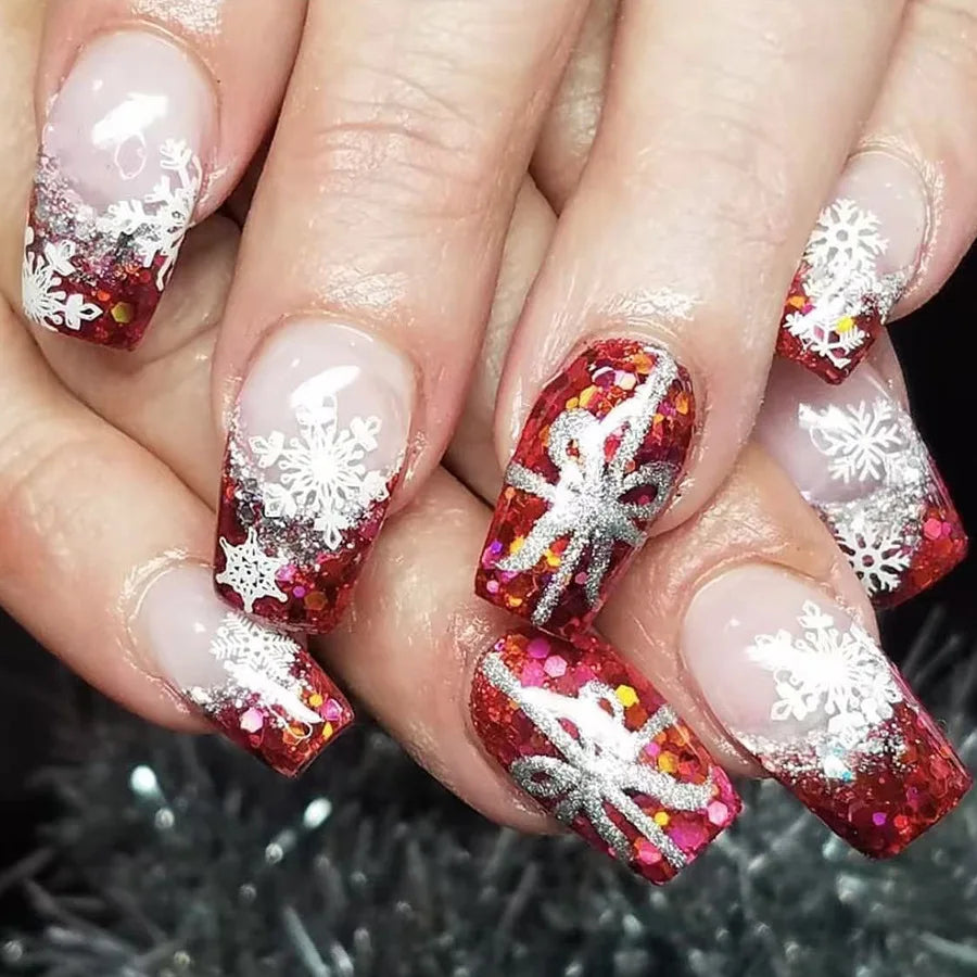 24pcs/set short fake nails for Christmas Square ballet winter false nail tips snow flakes christmas tree snowman press on nails 1639