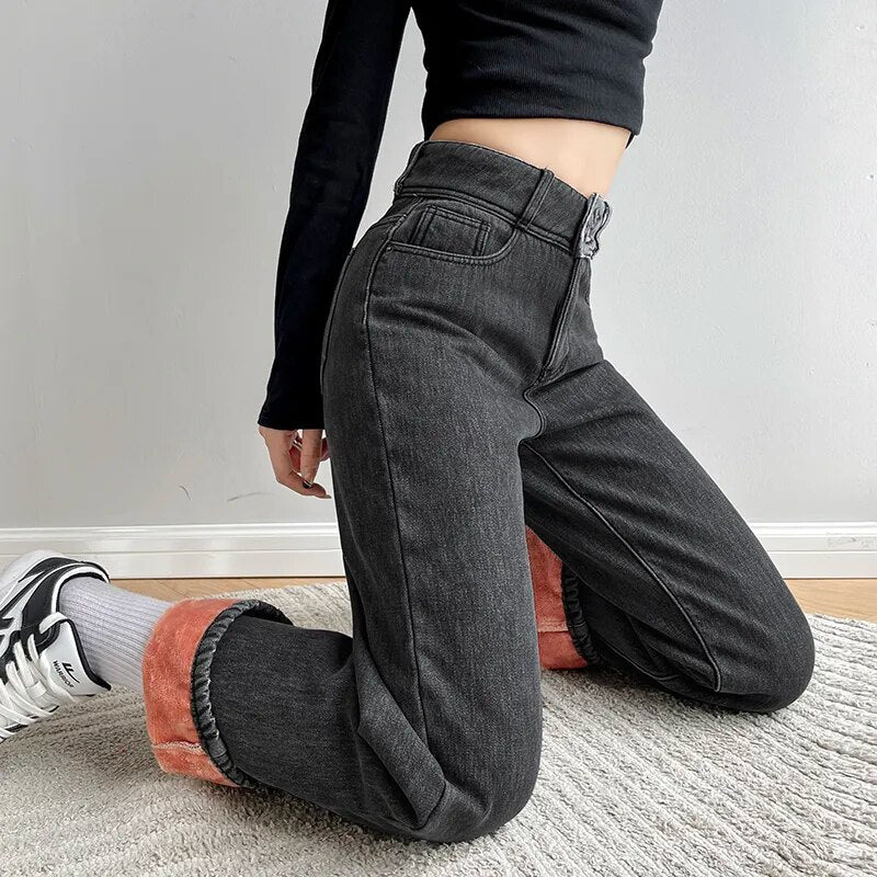 Winter Warm Fleece Wide Leg Jeans Women Vintage Baggy High Waist Denim Pants 2024 Loose Straight Mom Jean Pantalones De Mujer Gray