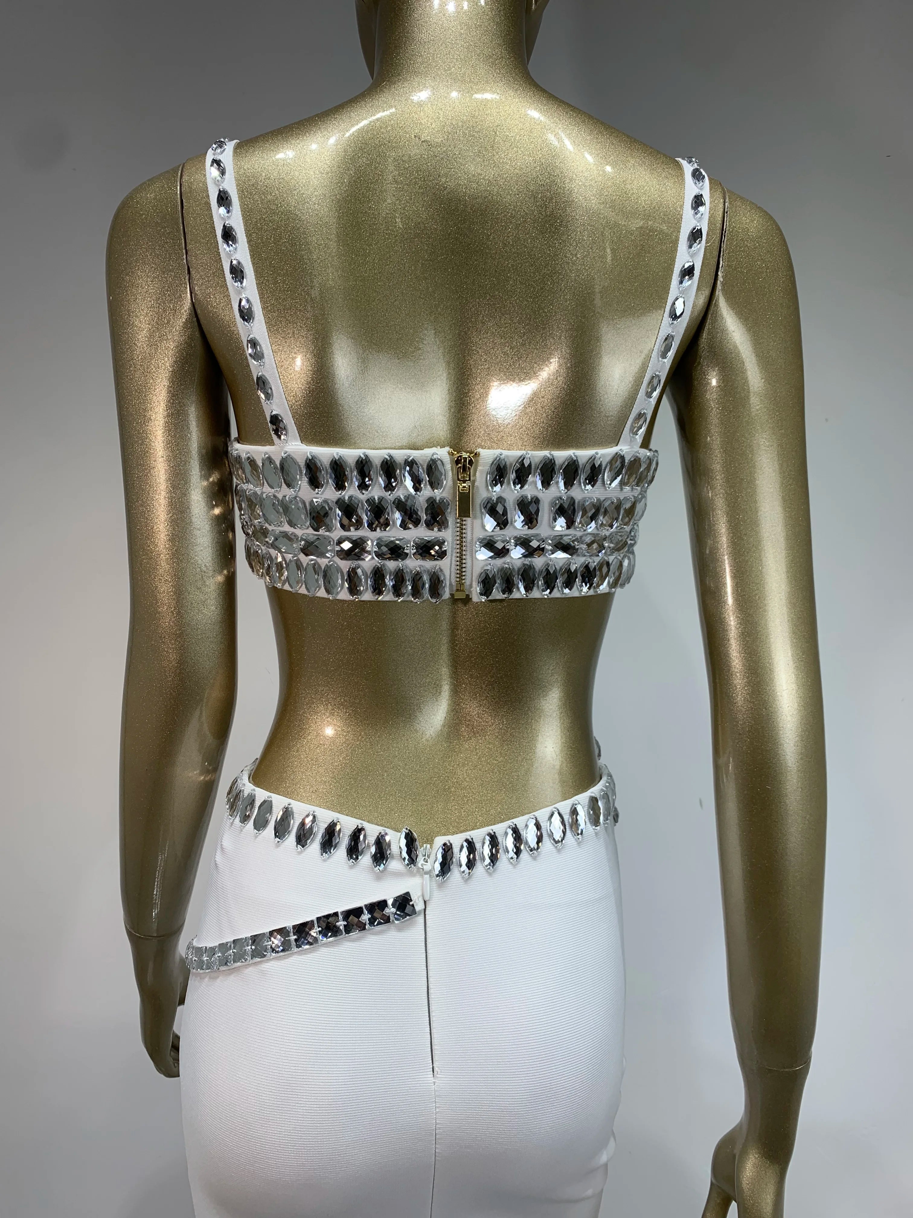 New Women Summer Celebrity Sexy Beading Split Maxi Long White Bandage Skirt Set 2024 Knitted Elegant Evening Club Party Clothing