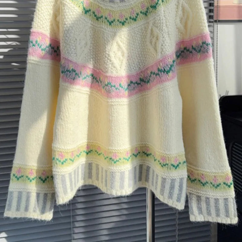 Autumn Winter New Round Neck Contrast Color Knit Sweater For Women Lazy Style Loose Contrast Color Pullover 11A07870