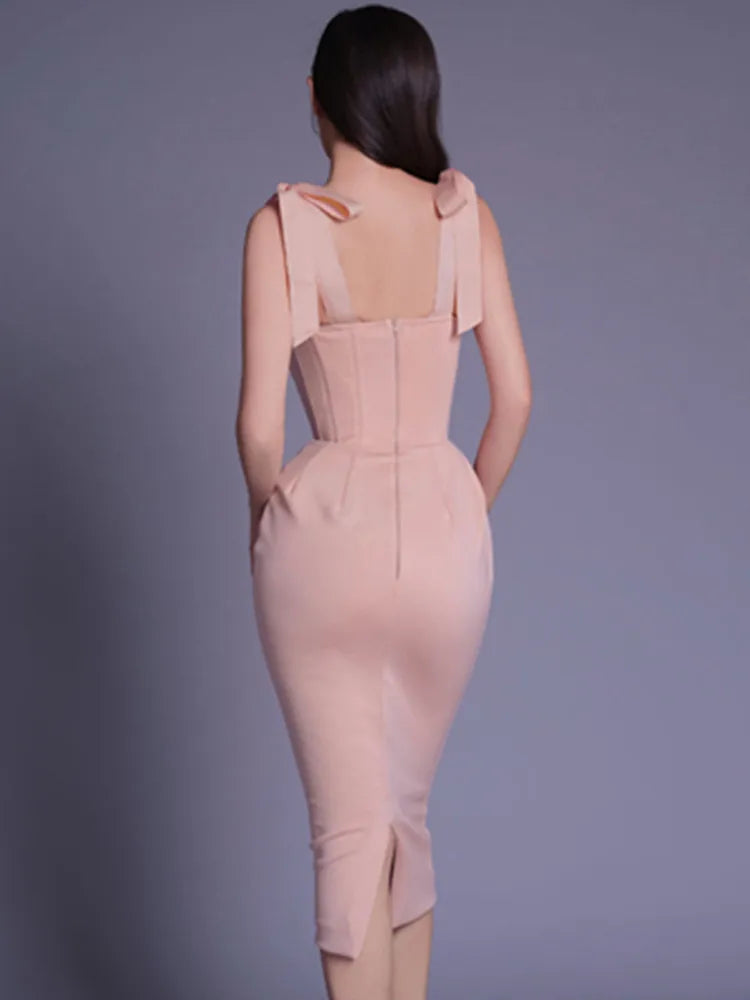 New Chic Women Summer Sexy Backless Split White Beige Midi Bodycon Bandage Dress 2023 Elegant Evening Party Dress Vestido