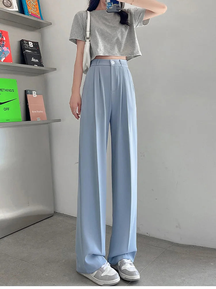 Summer Ice Silk Wide Trousers for Women Loose White Thin Straight Pants Elegant Office Women Baggy Stacked Pants Sweatpants Blue