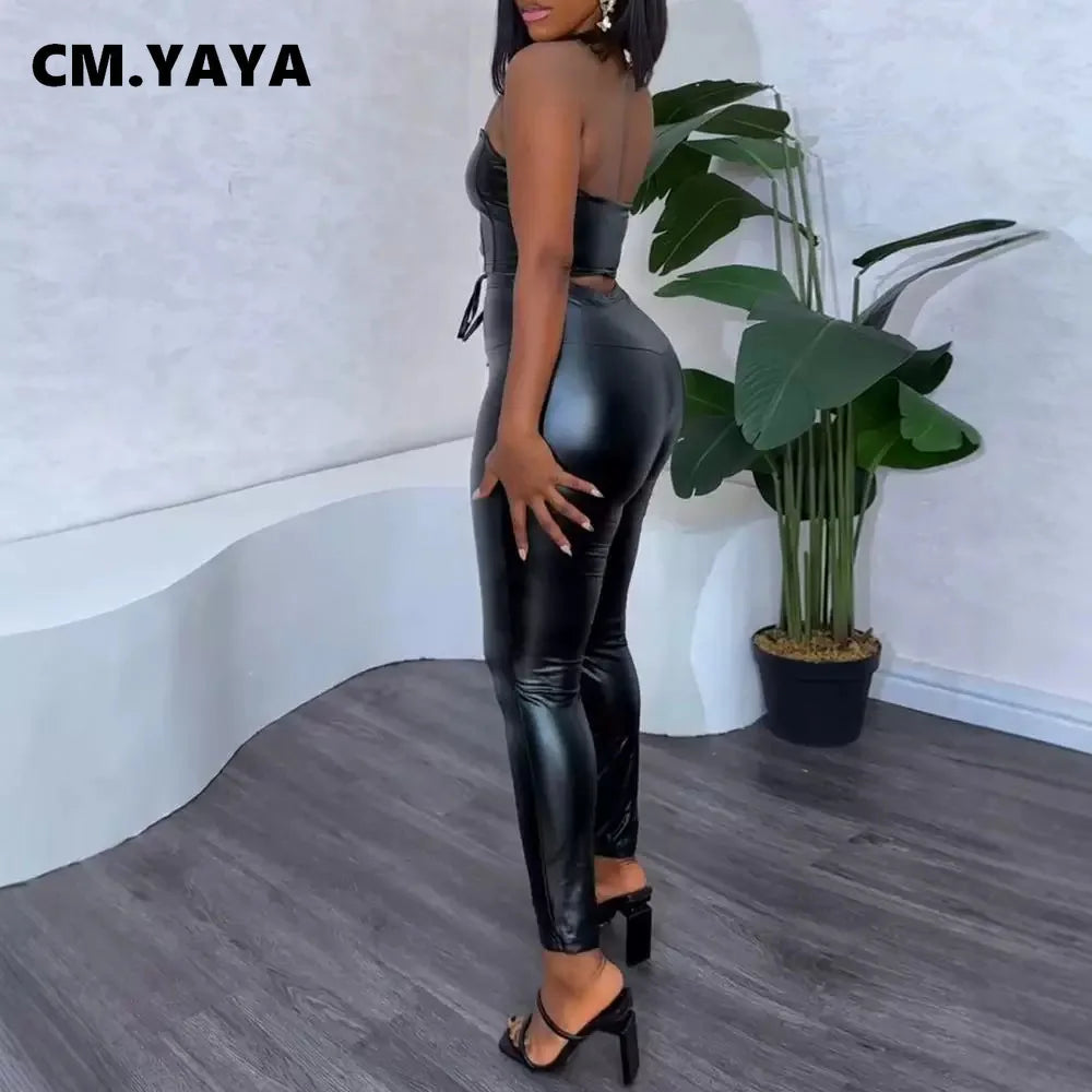 Women Set PU Leather Strapless Top + Pencil Pants Suits Winter Fitness Streetwear Two 2 Piece Sets Outfits Tracksuit