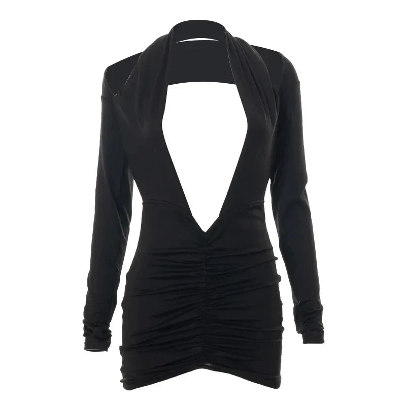 Women Sexy Bodycon Long Sleeve Halter Deep V Neck Backless Pleated Solid Slim Fit Skinny Dress for Cocktail Party