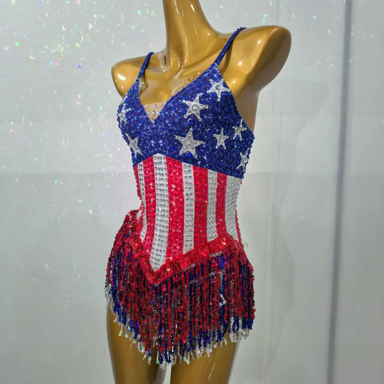 Maxituan Five Pointed Star Sparkly Rhinestone Tassel Bodysuit Sexy Women gig Performance Outfit Ladies Latino Dance Team Leotard