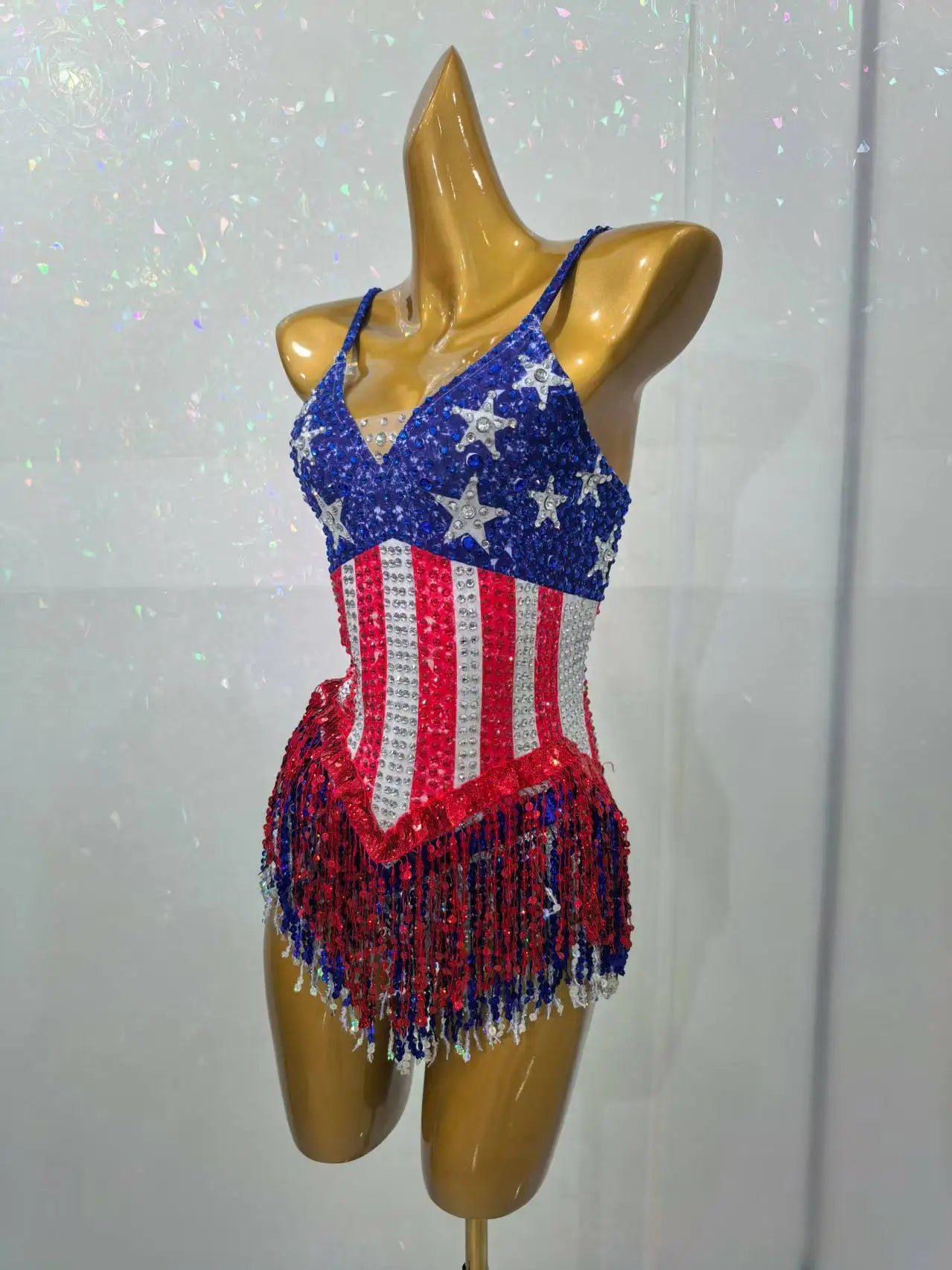 Maxituan Five Pointed Star Sparkly Rhinestone Tassel Bodysuit Sexy Women gig Performance Outfit Ladies Latino Dance Team Leotard