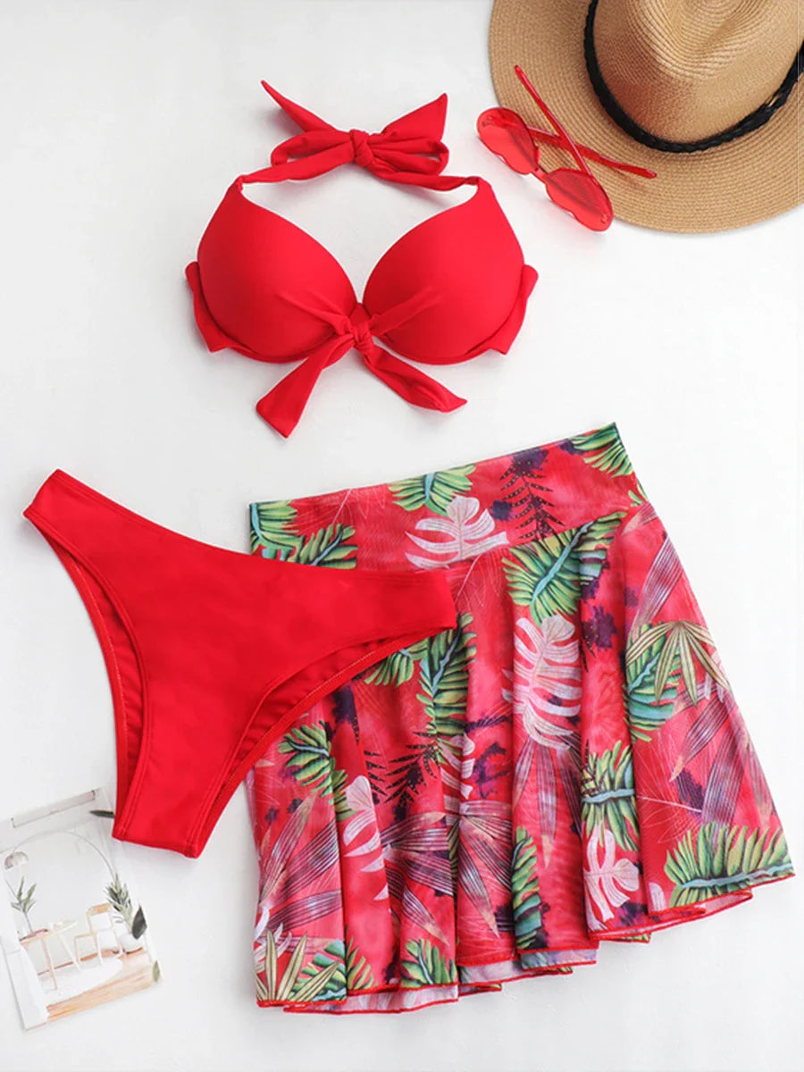 3 Piece Tropical Bikini Halter Push Up Swimsuit & Beach Shirt Swimwear Women Bathers Bathing Swimming Suit Female Beachwear