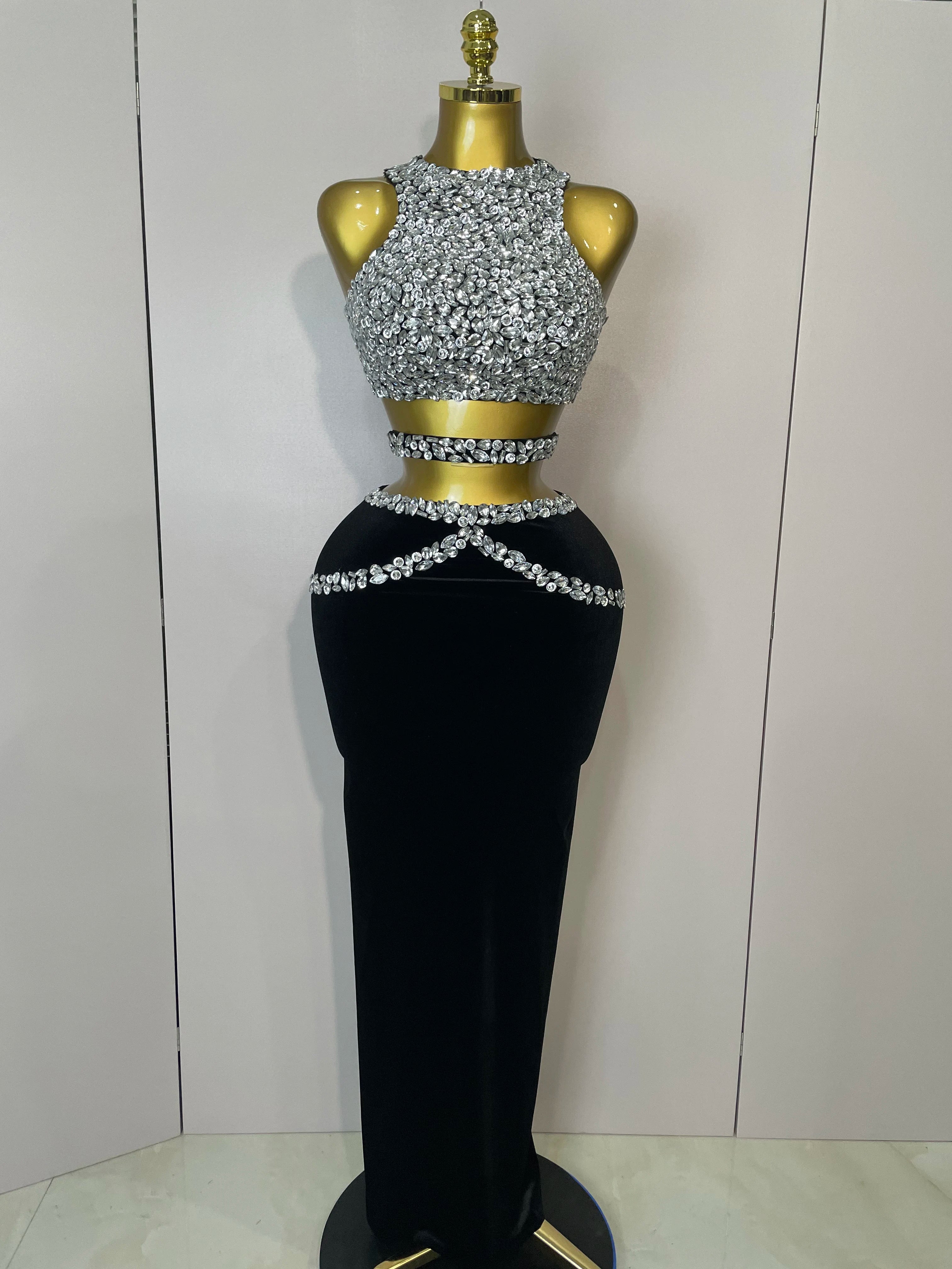 STOCK 2025 Women Sparkly Rhinestone Two-piece Set Sexy Velvet Singer Nightclub Outfit Celebrate Birthday Elegant Party Dresses black